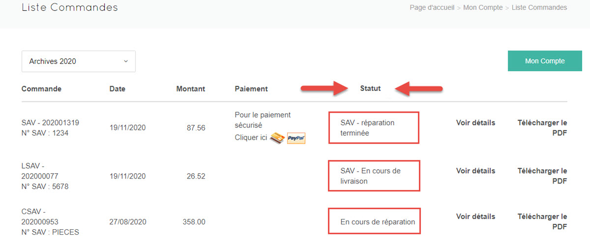 Historique de réparation