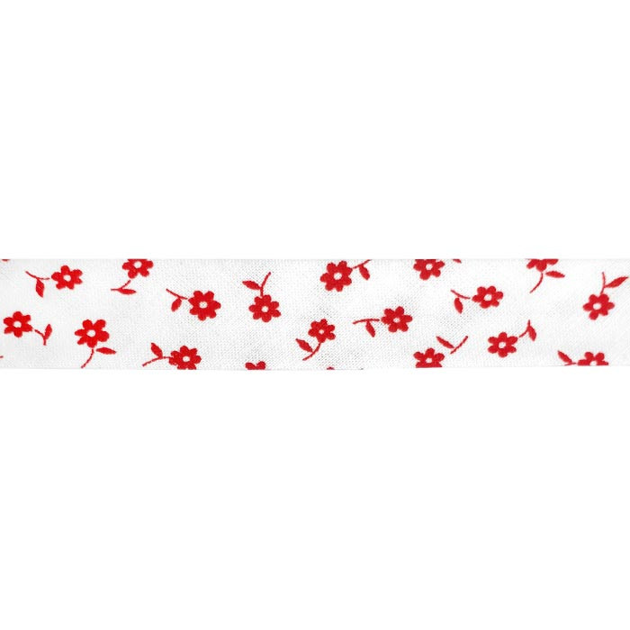 Biais blanc fleurs rouges 18mm au mètre Biais blanc fleurs rouges 18mm au mètre